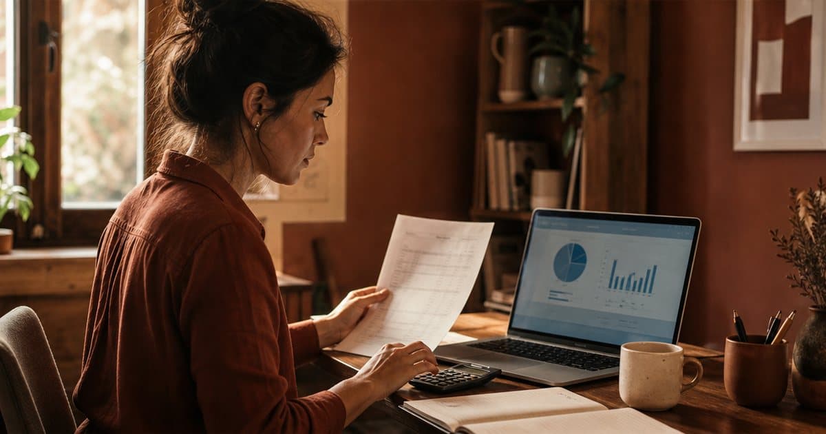 Une entrepreneuse compare une facture et un tableau de bord d’usage sur son ordinateur, dans des tons ambre et terre cuite.