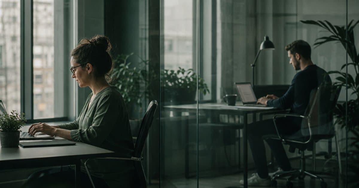 Two coworkers work at separate laptops behind a glass partition, illustrating isolated cloud environments, in jade and teal tones.