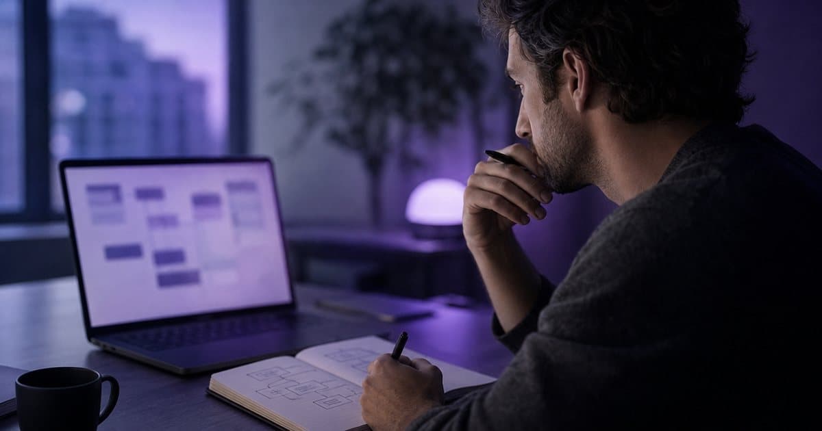 A software professional considers a sequence of tasks at a laptop and notebook, in indigo and lilac tones.