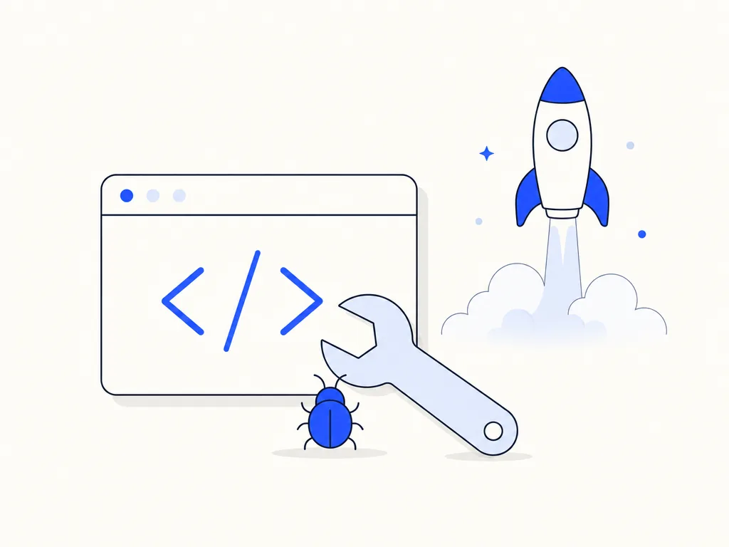 Illustration: a code terminal and a bug being fixed