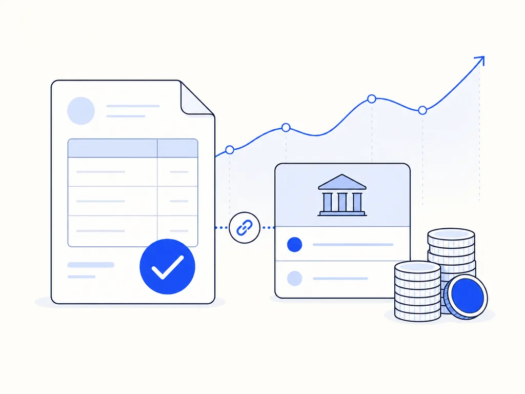 Illustration: an invoice, a bank line and a cash-flow curve