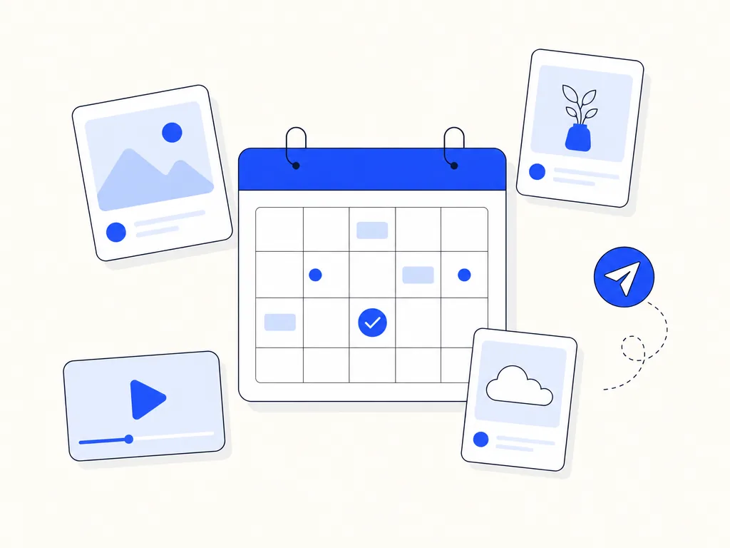 Illustration: a content calendar, social posts and ads